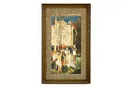 Waterfall Neoclassical Scene Antique Original Watercolor Painting 28.5" #41448