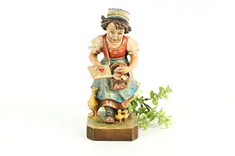 Swiss Hand Carved Vintage Folk Art Statue, Mail Girl & Ducks Sculpture #40965