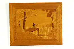 Boy Fishing Scene Vintage Marquetry Mahogany & Birdseye Plaque 16.5" #40919
