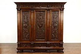 Italian Renaissance Antique Carved Walnut Armoire, Wardrobe or Closet #38557