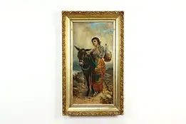 Spanish Woman & Donkey Antique Original Oil Painting 44.5" #41600