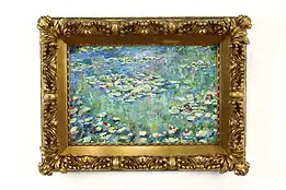 Water Lilies Floating in Pond Vintage Original Oil Painting Newhall 24.5" #39264