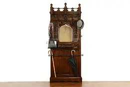 Gothic Antique French Chestnut Hall Stand, Iron Hooks, Beveled Mirror #40252