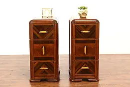 Pair of Art Deco Vintage Waterfall Nightstands End Tables, Bakelite Pulls #41783