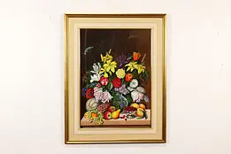 Still Life of Flowers & Fruit Vintage Original Painting, Stolz 36" #40913