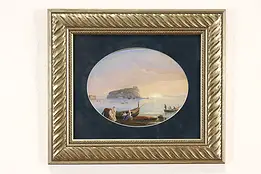 Mediterranean Island Scene Antique Original Watercolor Painting 17.5" #41482