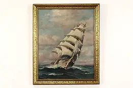 Sailing Ship Cutting Through Waves Vintage Original Oil Painting 23" #41481