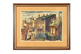 Bustling City Neighborhood Vintage Watercolor Painting, Signed 27.5" #42043