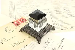 Victorian Antique Glass Inkwell & Lid On Metal Base #42177