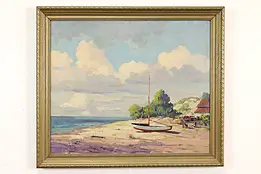 Sailboat on the Beach Vintage Original Oil Painting, Templeton 28" #41246