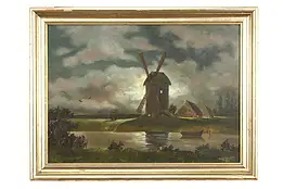 Village Windmill At Night Vintage Original Oil Painting, 1952 Koczyba 25" #41657
