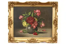 Victorian Antique Still Life Roses Original Oil Painting, B. S Hayes 25" #42121