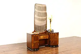 Art Deco Vintage Mahogany & Ash Burl Vanity, Beveled Mirror, Bakelite #42374