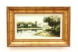 Romantic Stroll on Riverbank Antique Original Oil Painting, Danco 33.5" #42138