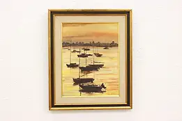 Harbor with Boats at Sunset Vintage Original Oil Painting, Hutchinson 24" #42073