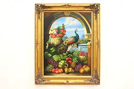Still Life Peacock & Fruit Vintage Original Oil Painting, Hubert 51" #42095