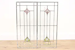 Pair Craftsman Antique Architectural Salvage Leaded Stained Glass Windows #42777