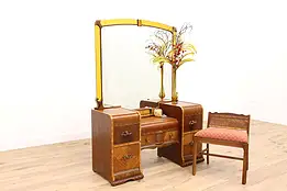 Art Deco Vintage Waterfall Vanity & Bench, Beveled Mirror, Bakelite Pulls #42659