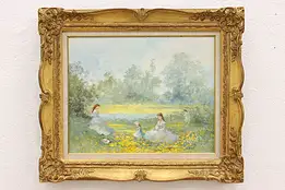 Gathering Buttercups Vintage Original Oil Painting, M. Rice 27" #42559