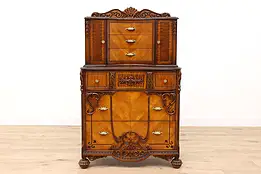 French Design Antique Carved Walnut & Satinwood Tall Chest or Dresser #42799