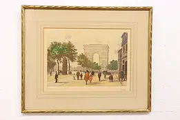 Paris Arc de Triomphe Antique Original Colored French Etching Leray 20.5" #42762