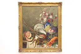 Still Life Flowers & Lobster Antique Original Oil Painting, Rataille 51" #42989