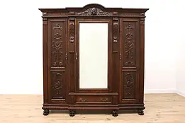 Italian Renaissance Antique Carved Elm Triple Armoire or Wardrobe, Mirror #36130