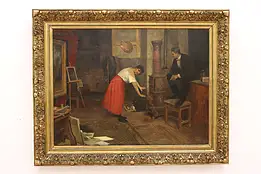 Couple in Art Studio Antique Original Oil Painting, Der Ohe 48.5" #42901