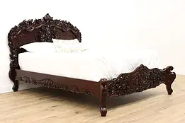 Asian Vintage Carved Mahogany Queen Size Bed, Floral Motifs #41958