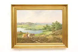 Farmer with Cows in Meadow Vintage Original Oil Painting, Skodstrup 31.5" #42576