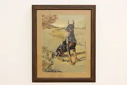 Doberman Dog Vintage Original Pastel Painting, Kussler 34.5" #42545