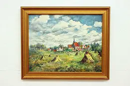 Country Village with Church Vintage Original Oil Painting, Knowles 34" #43144