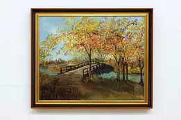 Wood Bridge & Fall Forest Vintage Original Oil Painting, Kuhn 34" #42924