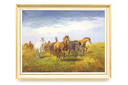 Wild Mustang Horses Running Vintage Original Oil Painting, Signed 36.5" #43440