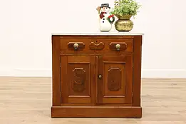 Victorian Antique Carved Walnut & Burl Nightstand or Sink Vanity, Marble #42968