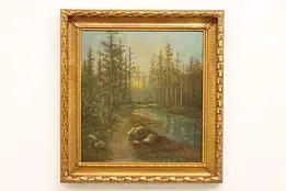 Twilight Stream in Forest Antique Original Oil Painting, Signed 34" #42932
