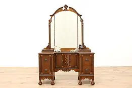 Tudor Design Antique Carved Walnut Vanity or Dressing Table & Mirror #43110