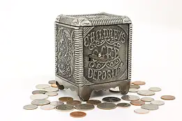 Victorian Antique Cast Iron Locking Coin Bank, Children's Safe Deposit #42403