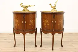 Pair of French Style Marble & Marquetry Demilune Nightstands, End Tables #43796