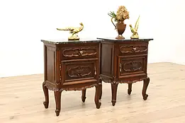 Pair of Italian Piedmont Antique Carved Walnut Nightstands, Marble Tops #34203