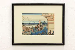 Japanese Antique Ukiyo-e Style Temple Festival Woodblock Print 20.5" #43958