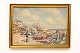 Bustling Fishing Harbor 1937 Vintage Original Oil Painting, Nyrop 55" #43635