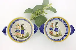 Pair of French Vintage Quimper Hand Painted Bowls with Handles #44048