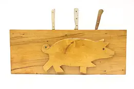 Farmhouse Vintage Folk Art Wall Hanging Knife Block, Carved Pig #44512
