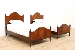 Pair of French Design Antique Mahogany & Marquetry Twin or Single Beds #44418