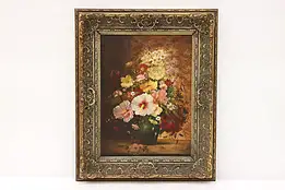 Still Life of Flowers in Vase Vintage Original Oil Painting, Signed 22" #44274