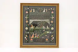 Child's Vintage Hand Stitched Embroidery Sampler Signed LJC 1938 #44190