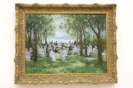 Victorian Garden Party Vintage Oil Painting, Monzinger 29.5"  #43578