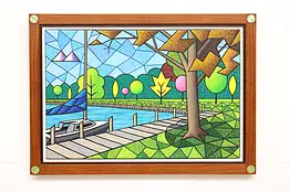 Neenah WI Park & Boat Vintage Original Acrylic Painting, Bodden 35" #44620