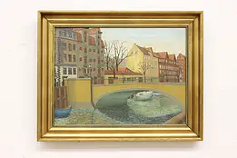 Danish Canal with Boats Antique Original Oil Painting, KH 22" #44695